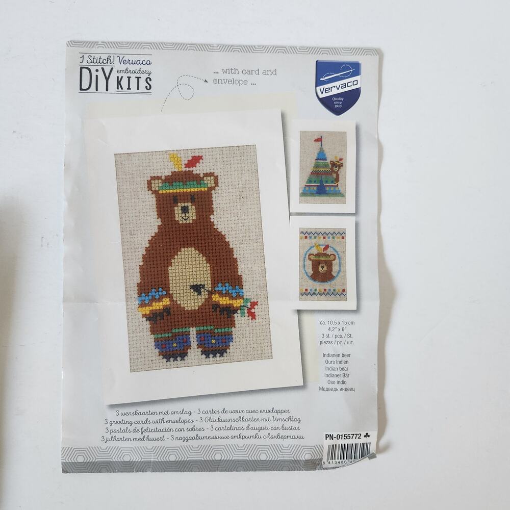 New! Embroidery Kit Indian Bear Greeting Cards x3 Cross Stitch Needlepoint